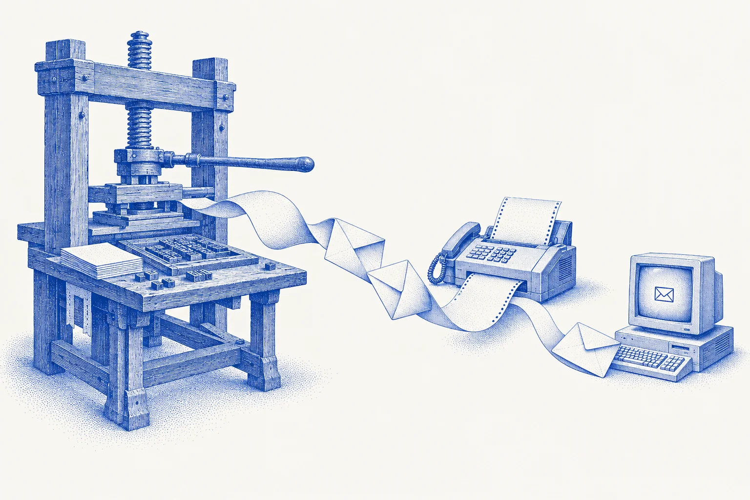 Composition illustrée réunissant une presse ancienne, des lettres, un fax et un ordinateur autour de pages imprimées.