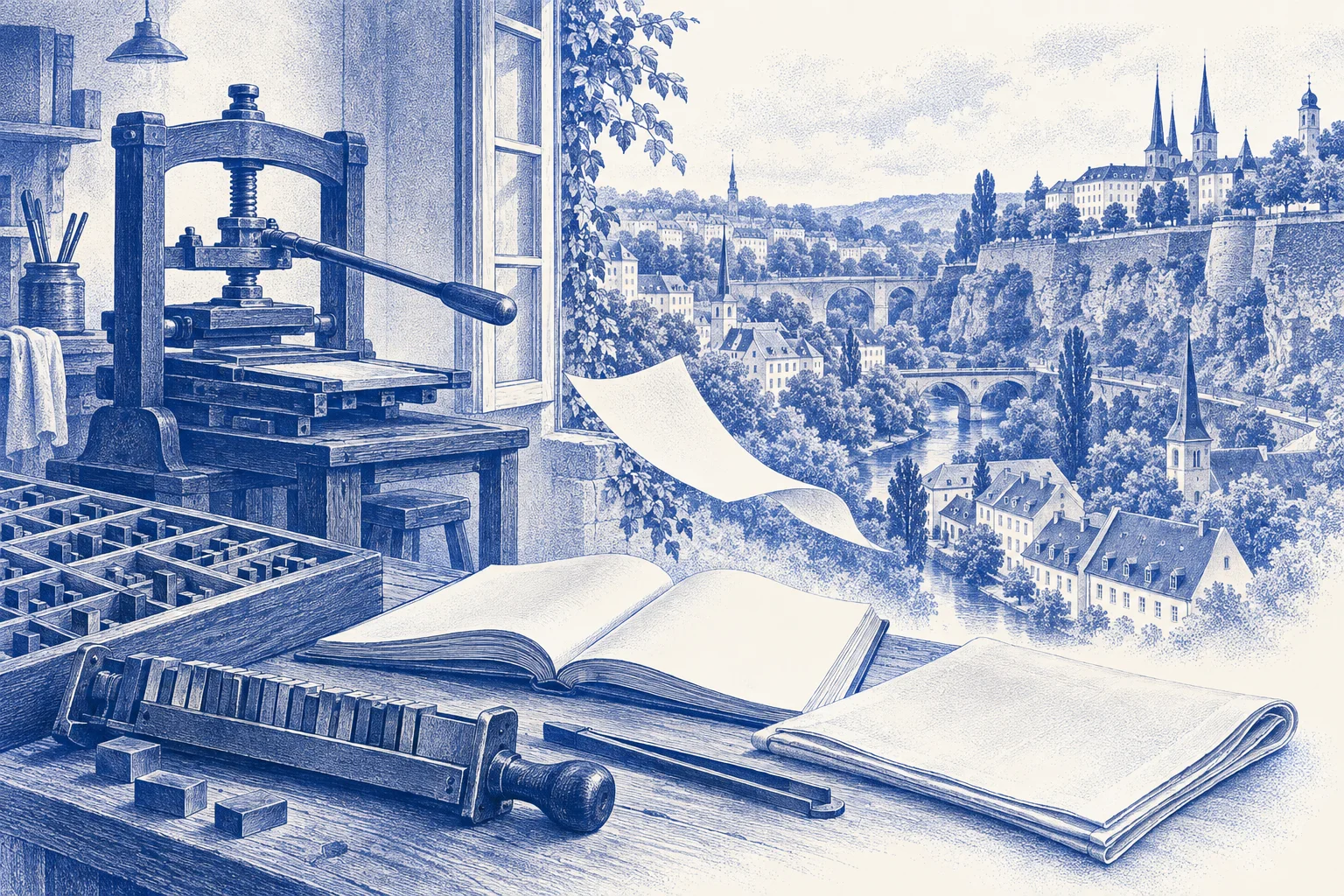 Presse, caractères mobiles et livres devant une vue illustrée des toits et de la vallée de Luxembourg, gravés en bleu.