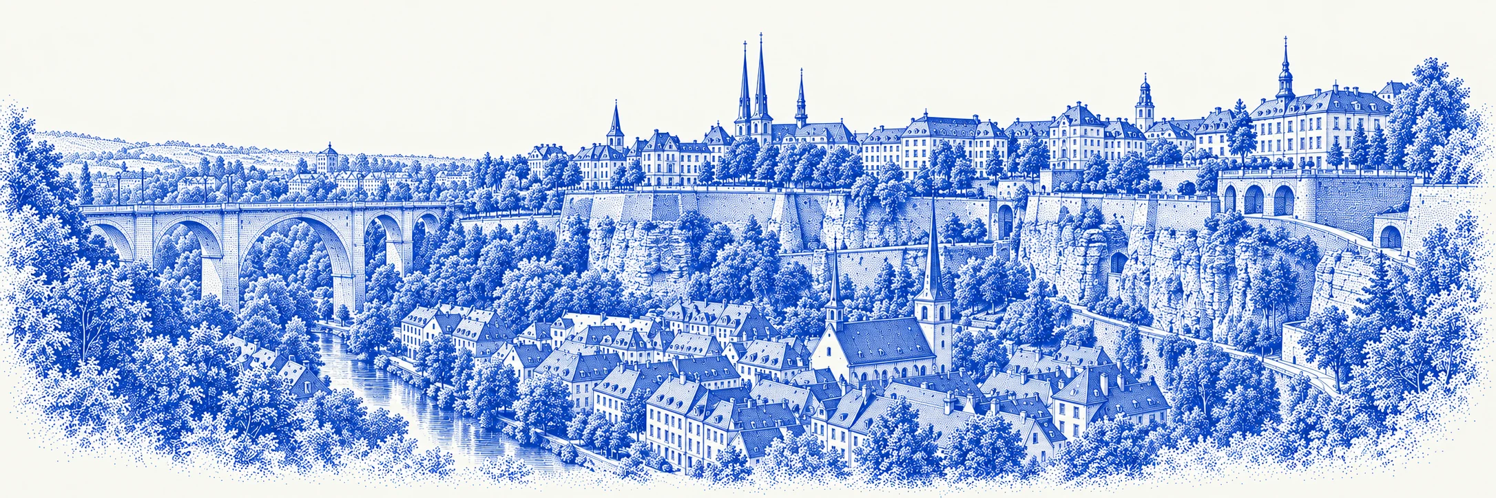 Vue illustrée de Luxembourg : les toits du Grund, les falaises et les ponts de la vieille ville, gravure tramée en bleu et ivoire.