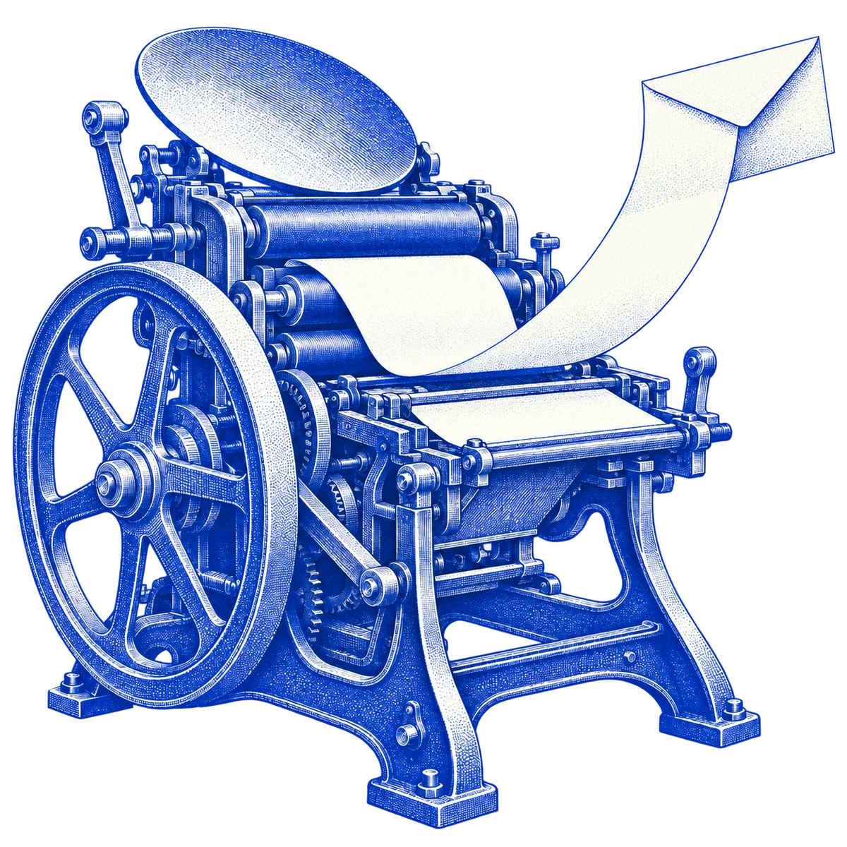 Historic printing press and printed sheets, halftone illustration in blue and ivory
